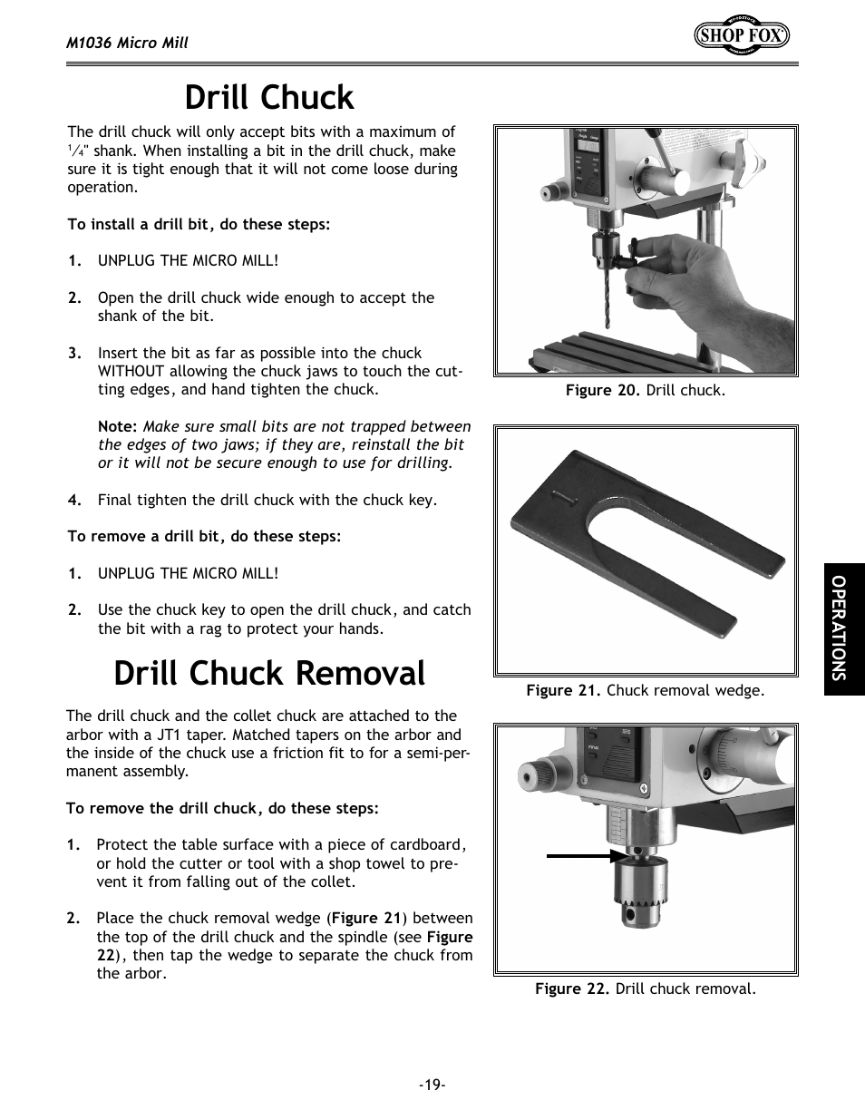 Drill chuck, Drill chuck removal | Woodstock MICRO MILL M1036 User Manual | Page 21 / 36