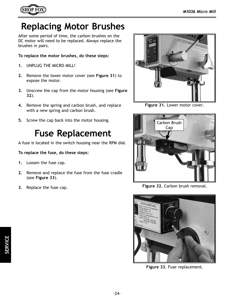 Replacing motor brushes, Fuse replacement | Woodstock MICRO MILL M1036 User Manual | Page 26 / 36