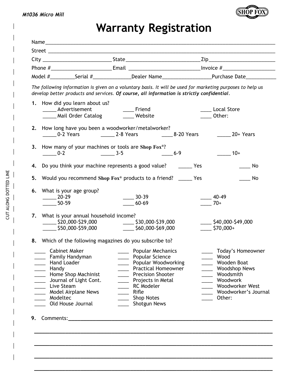 Warranty registration | Woodstock MICRO MILL M1036 User Manual | Page 33 / 36