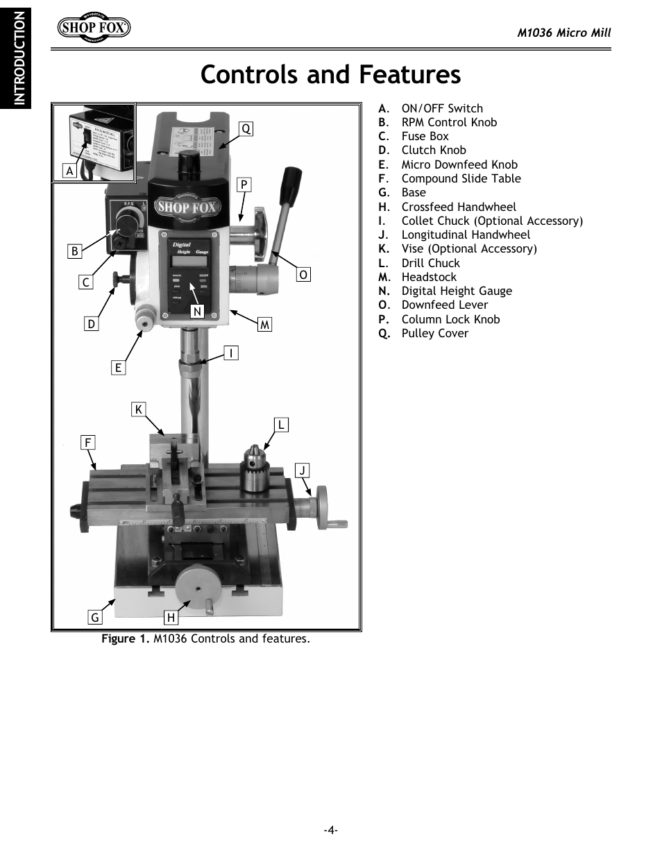 Controls and features | Woodstock MICRO MILL M1036 User Manual | Page 6 / 36