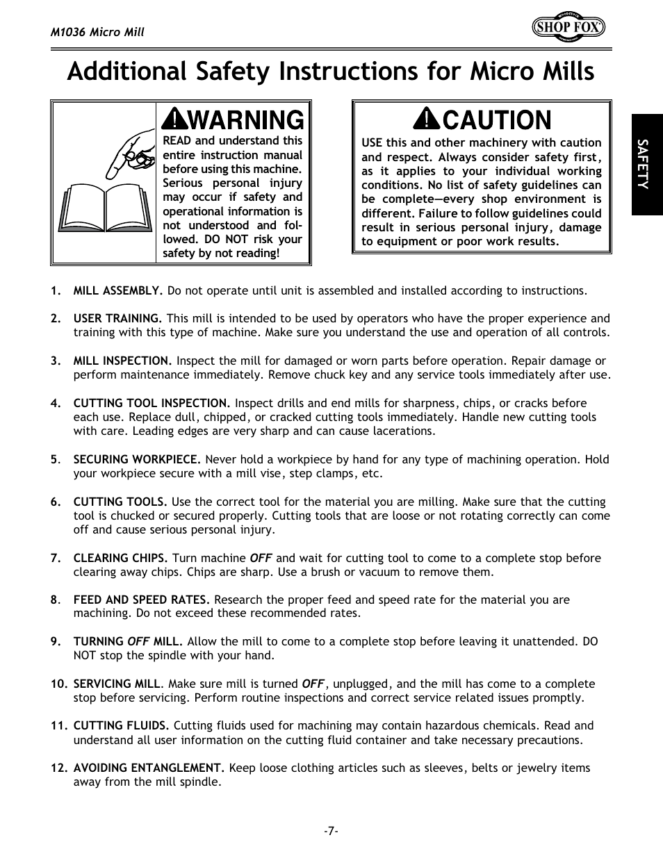 Additional safety instructions for micro mills | Woodstock MICRO MILL M1036 User Manual | Page 9 / 36