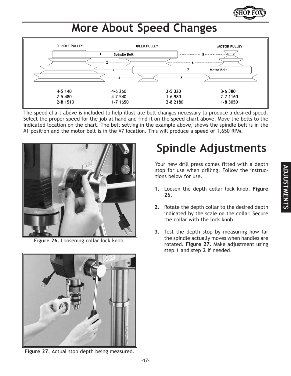 More about speed changes spindle adjustments | Woodstock SHOP FOX W1680 User Manual | Page 18 / 29