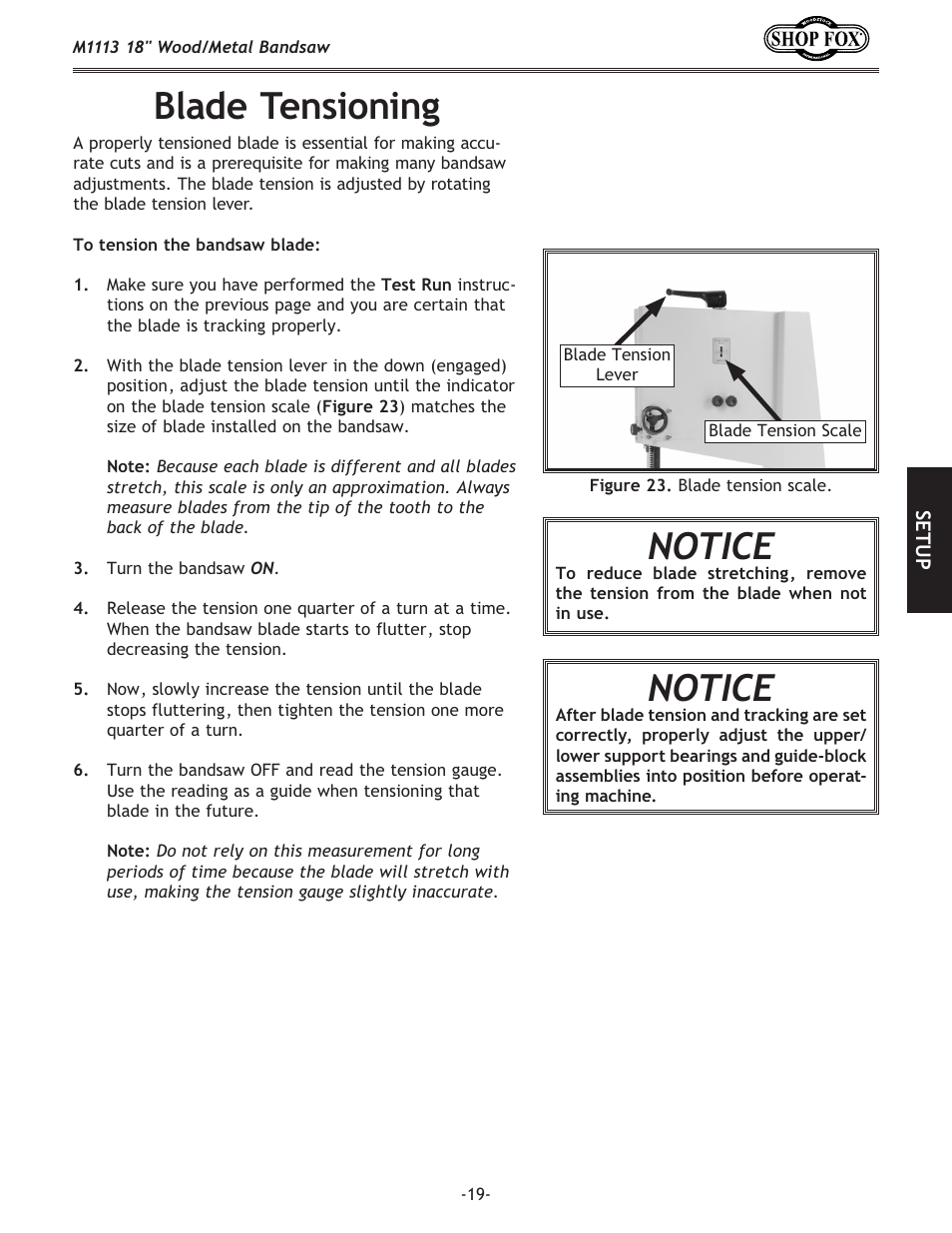 Blade tensioning notice, Notice | Woodstock M1113 User Manual | Page 21 / 60