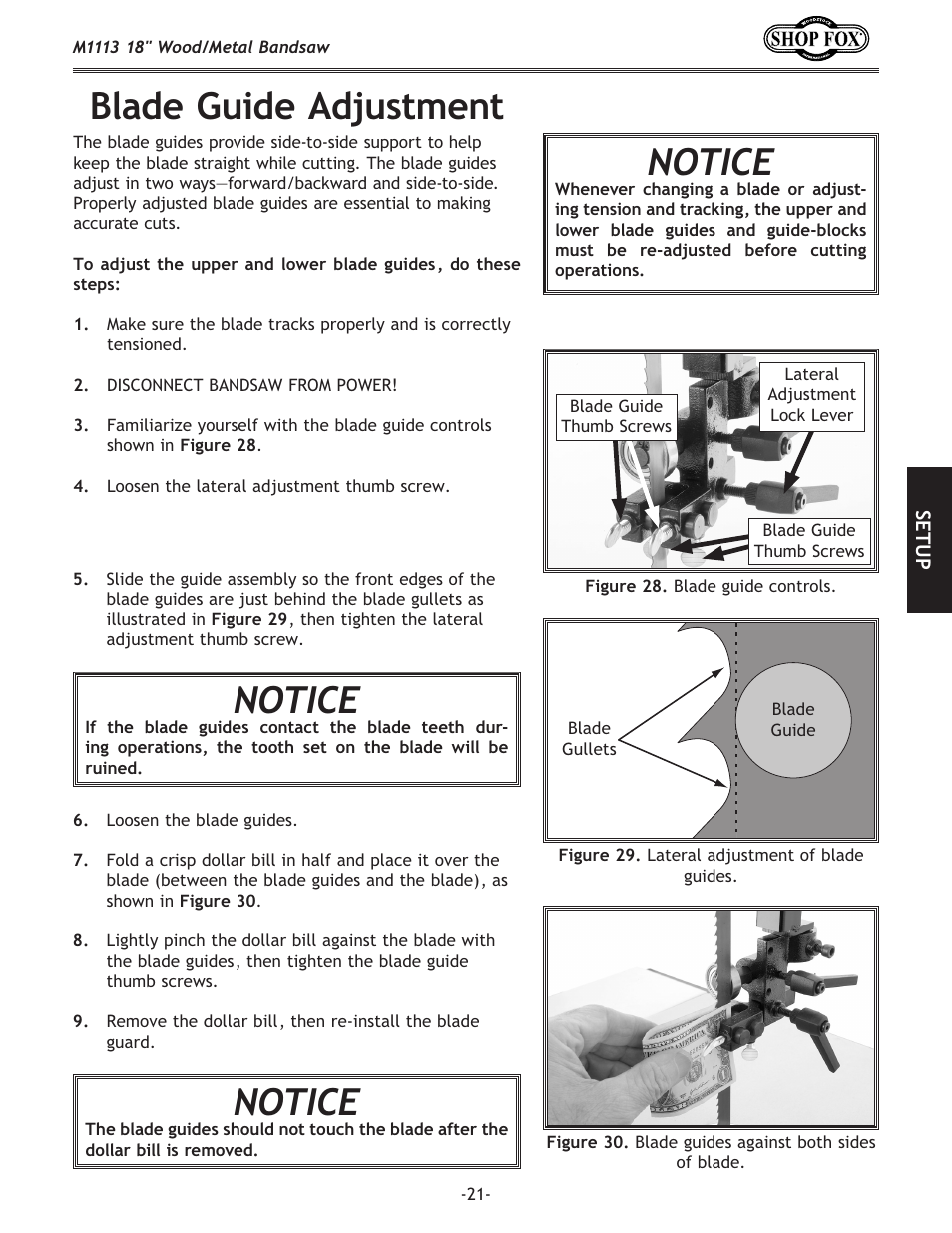 Blade guide adjustment, Notice | Woodstock M1113 User Manual | Page 23 / 60