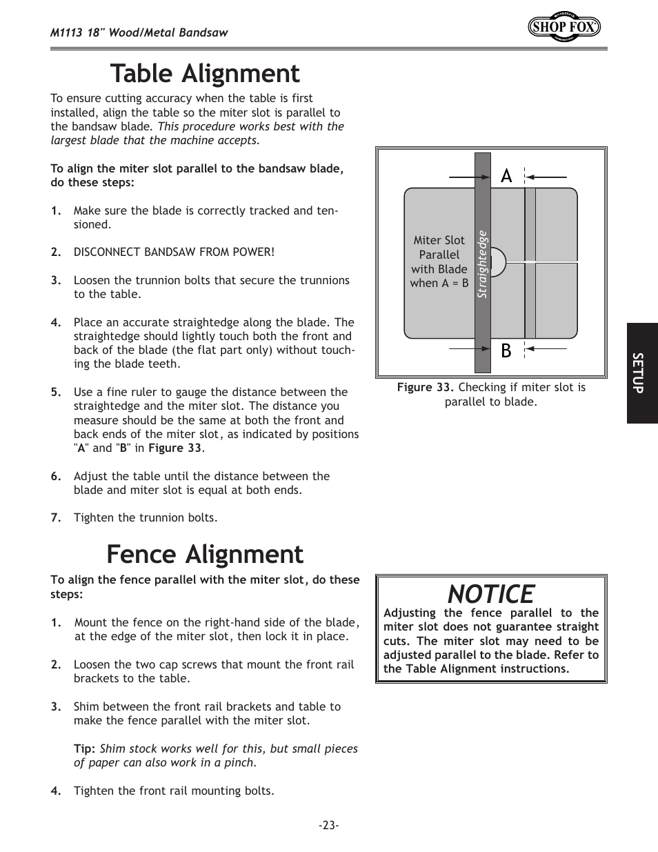 Table alignment, Fence alignment notice | Woodstock M1113 User Manual | Page 25 / 60