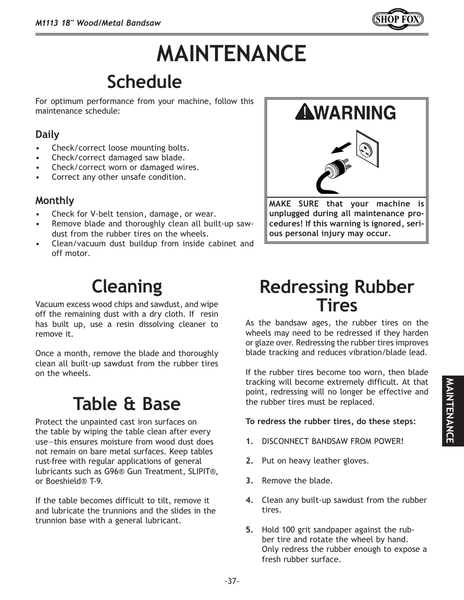 Maintenance, Table & base, Cleaning | Schedule, Redressing rubber tires | Woodstock M1113 User Manual | Page 39 / 60