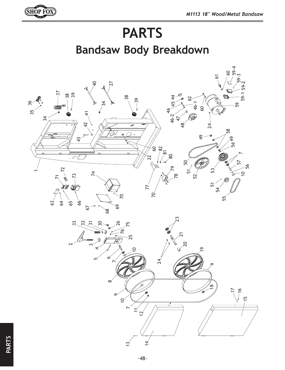 Parts, Bandsaw body breakdown, Pa rt s | Woodstock M1113 User Manual | Page 50 / 60