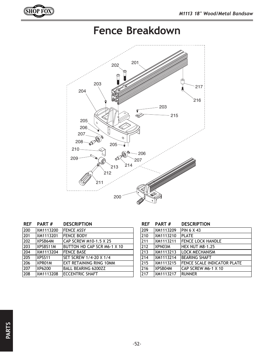 Fence breakdown, Pa rt s | Woodstock M1113 User Manual | Page 54 / 60