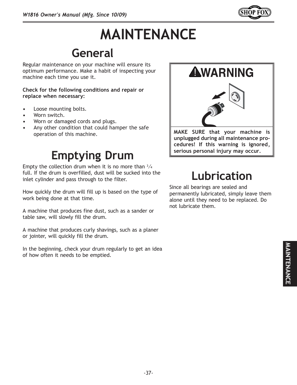 Maintenance, Lubrication, Emptying drum | General | Woodstock SHOP FOX W1816 User Manual | Page 39 / 52