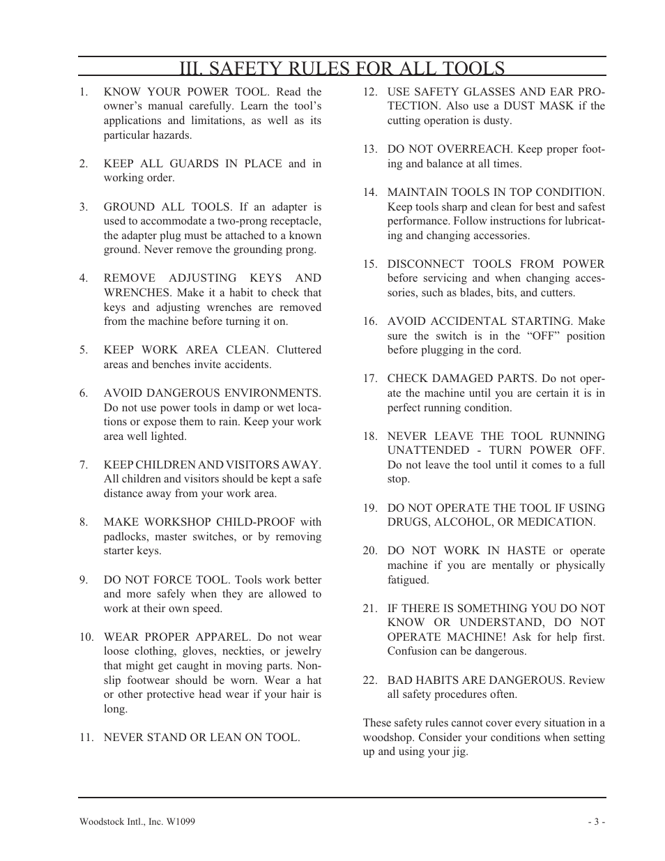 Iii. safety rules for all tools | Woodstock W1099 User Manual | Page 4 / 21