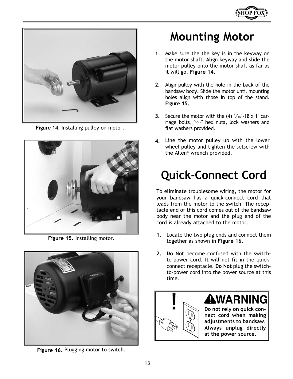 Mounting motor, Quick-connect cord | Woodstock W1673 User Manual | Page 14 / 45