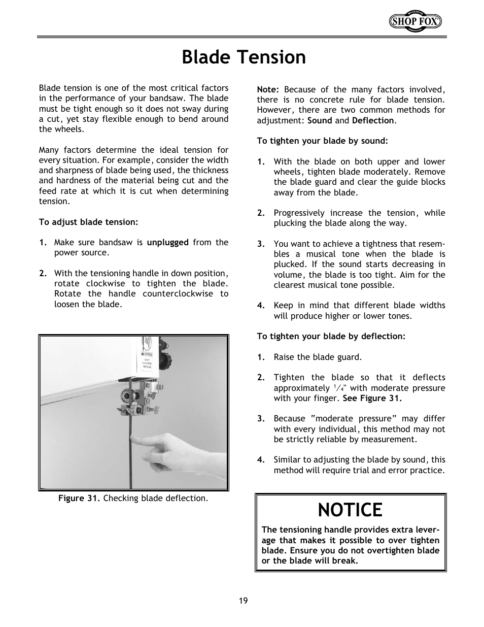 Blade tension, Notice | Woodstock W1673 User Manual | Page 20 / 45