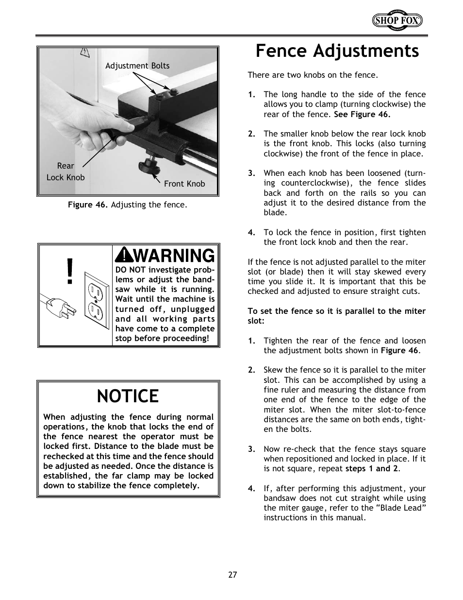 Fence adjustments, Notice | Woodstock W1673 User Manual | Page 28 / 45