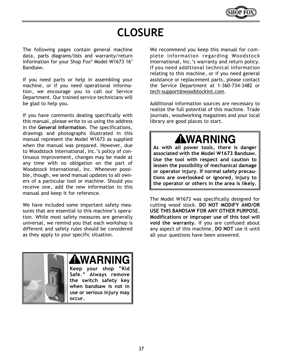 Closure | Woodstock W1673 User Manual | Page 38 / 45