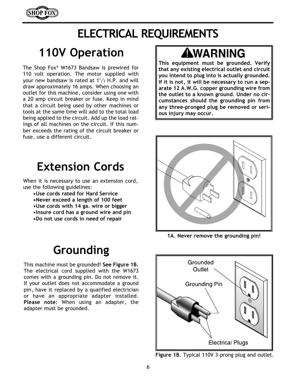 110v operation electrical requirements, Extension cords grounding | Woodstock W1673 User Manual | Page 7 / 45