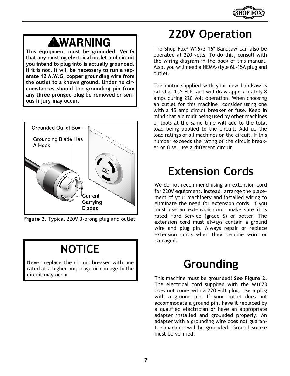 220v operation, Extension cords grounding, Notice | Woodstock W1673 User Manual | Page 8 / 45