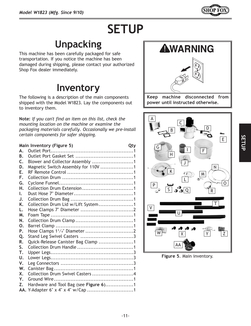 Setup, Unpacking, Inventory | Woodstock PORTABLECYCLONE W1823 User Manual | Page 13 / 44