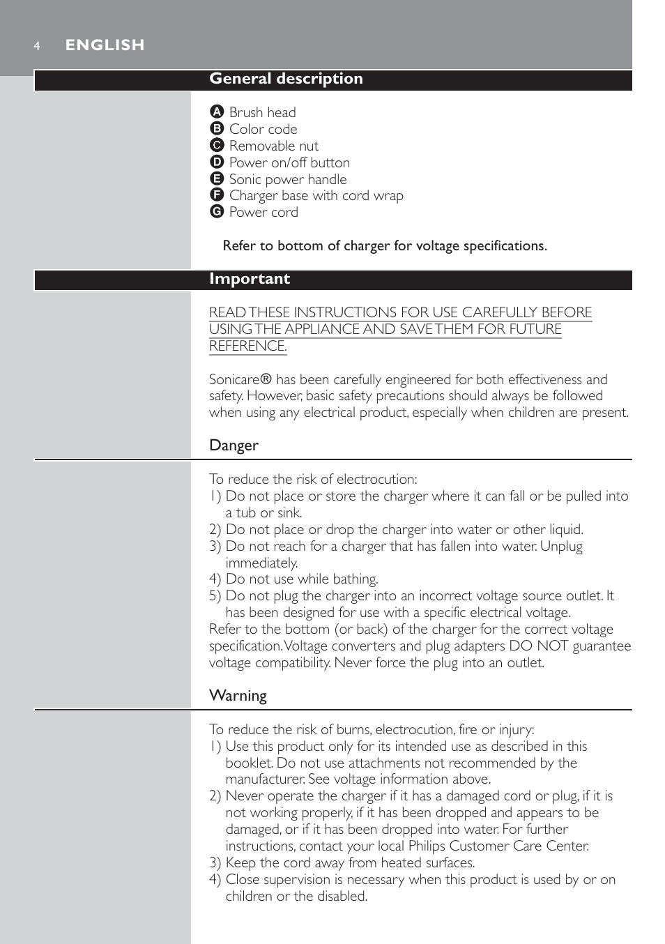 English 4 | Sonicare Sonicare HX4472 User Manual | Page 4 / 44