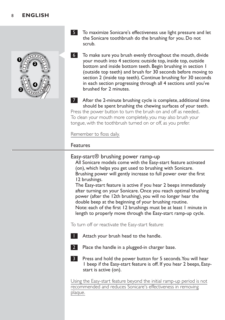 Easy-start\ brushing power ramp-up | Sonicare Sonicare HX4472 User Manual | Page 8 / 44