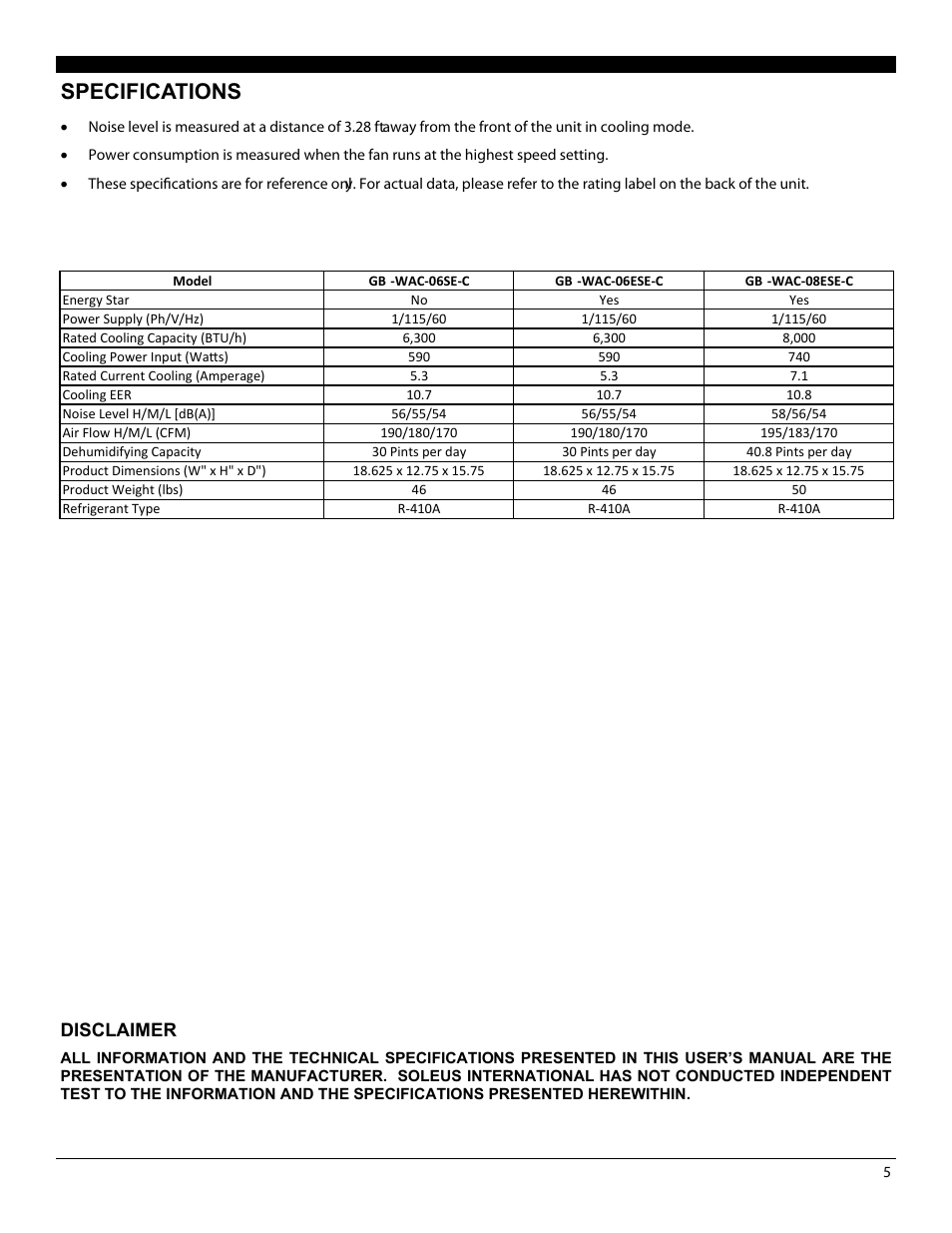 Specifications, Disclaimer | Soleus Air Electronic Window Air Conditioner GB-WAC-06ESE-C User Manual | Page 6 / 20