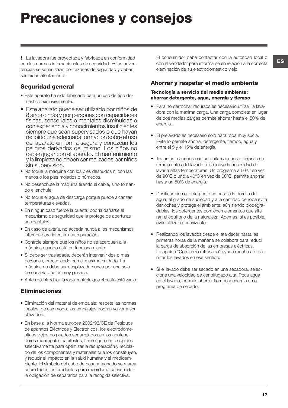 Precauciones y consejos | Hotpoint Ariston ARTXL 109 User Manual | Page 17 / 72