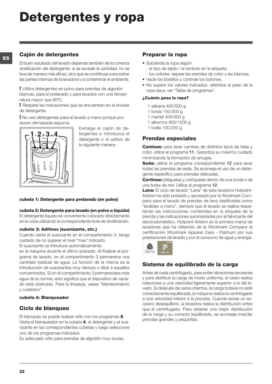 Detergentes y ropa | Hotpoint Ariston ARTXL 109 User Manual | Page 22 / 72