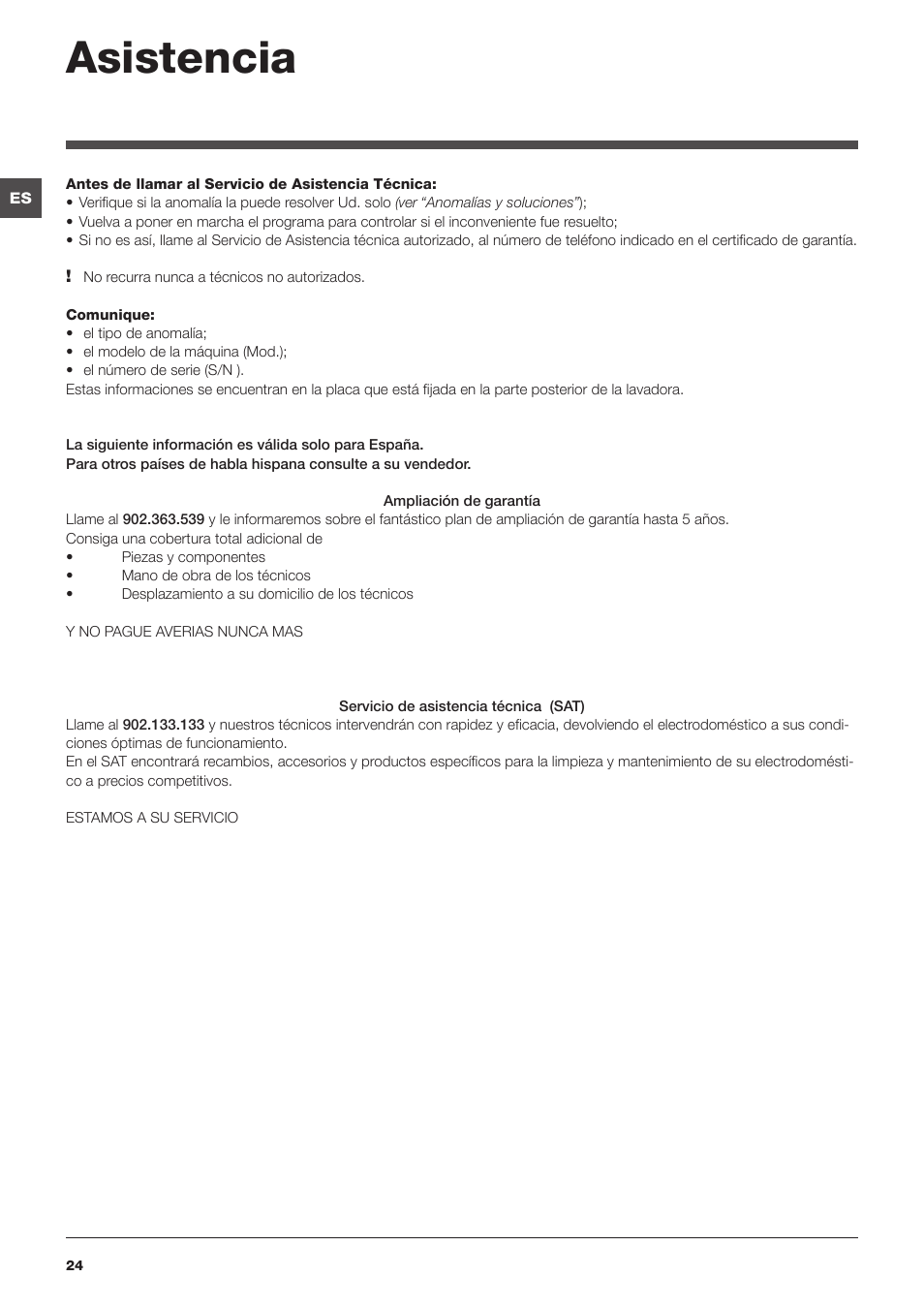 Asistencia | Hotpoint Ariston ARTXL 109 User Manual | Page 24 / 72