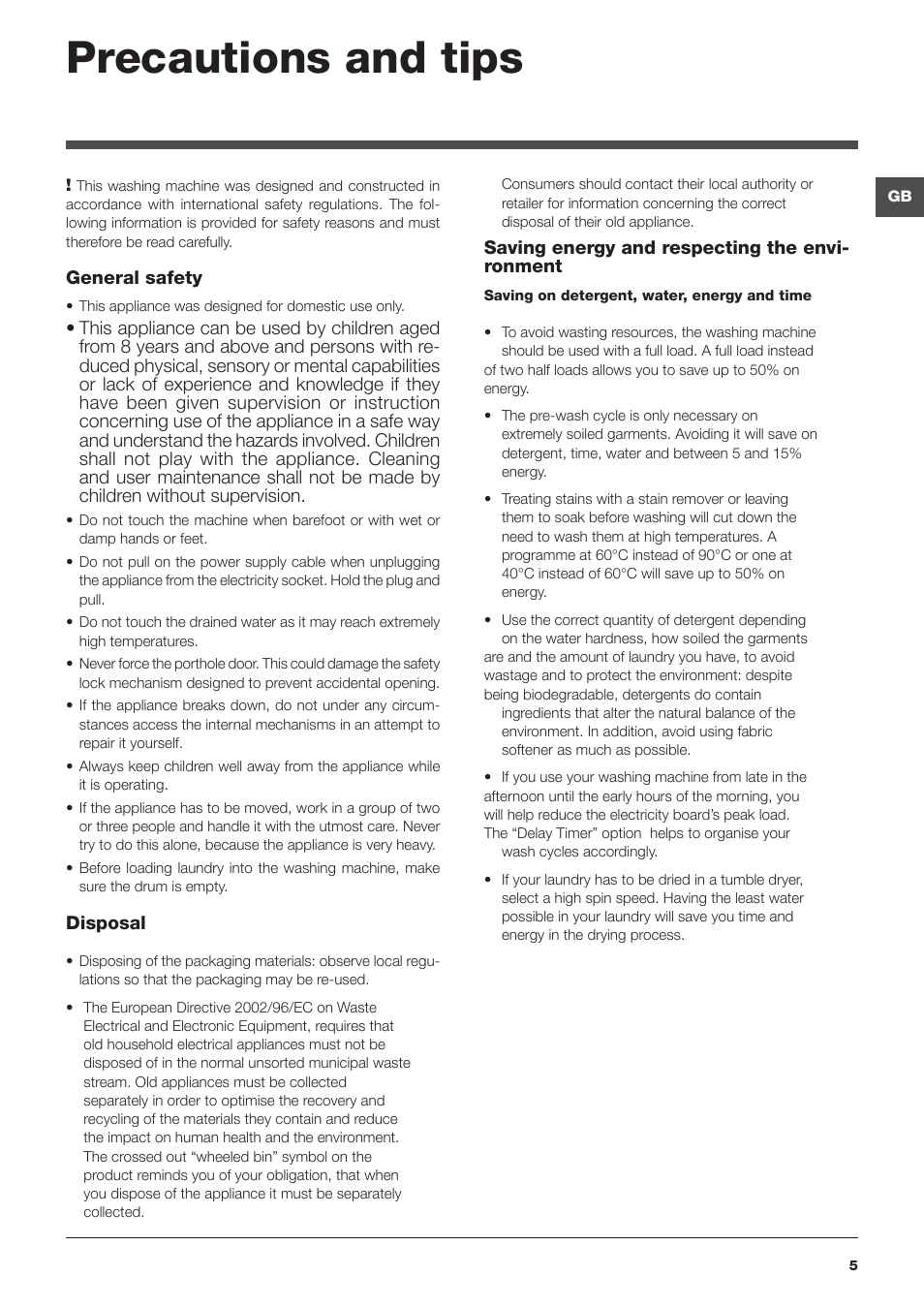 Precautions and tips | Hotpoint Ariston ARTXL 109 User Manual | Page 5 / 72