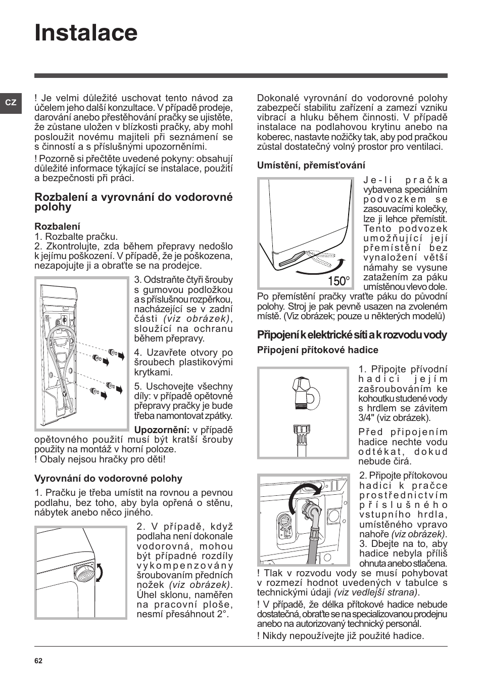 Instalace | Hotpoint Ariston ARTXL 109 User Manual | Page 62 / 72