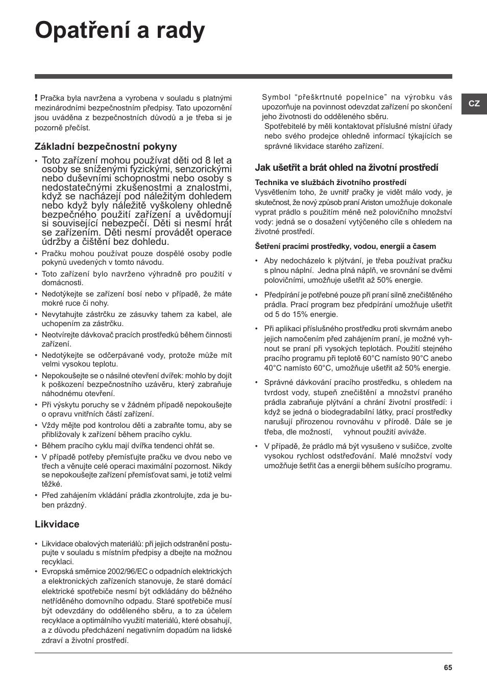Opatření a rady | Hotpoint Ariston ARTXL 109 User Manual | Page 65 / 72