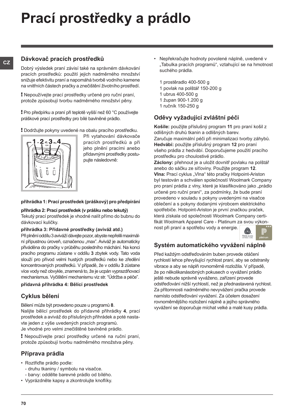 Prací prostředky a prádlo | Hotpoint Ariston ARTXL 109 User Manual | Page 70 / 72