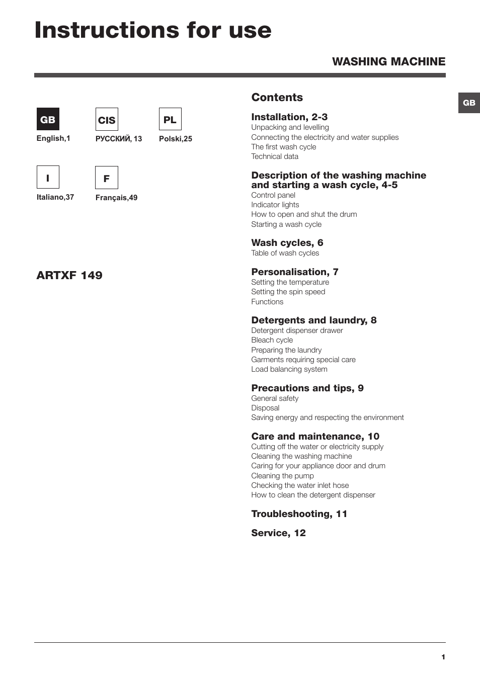 Hotpoint Ariston ARTXF 149 User Manual | 60 pages