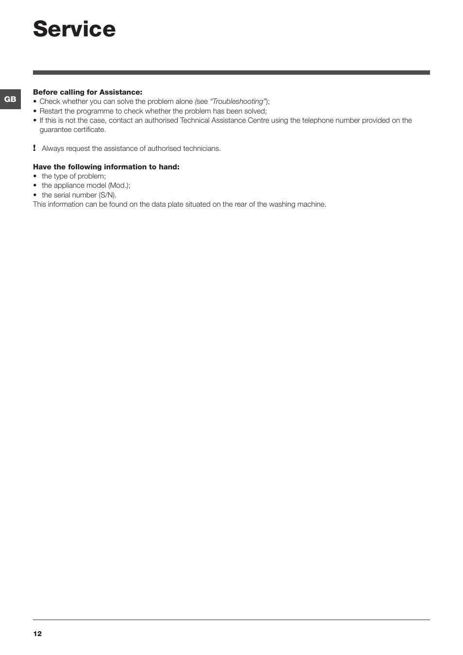 Service | Hotpoint Ariston ARTXF 149 User Manual | Page 12 / 60