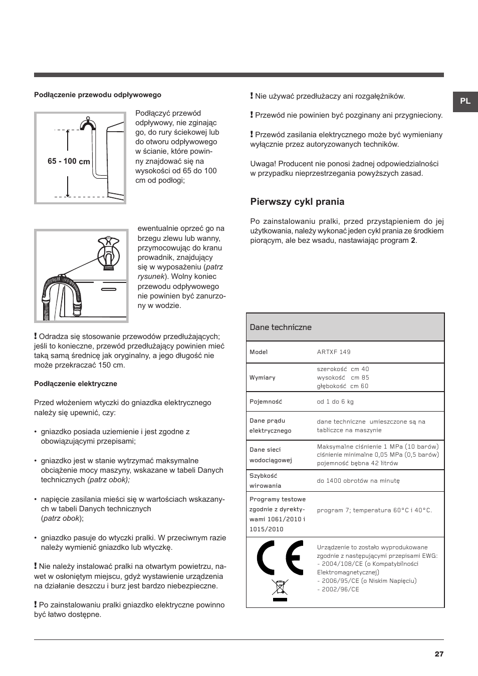 Pierwszy cykl prania | Hotpoint Ariston ARTXF 149 User Manual | Page 27 / 60