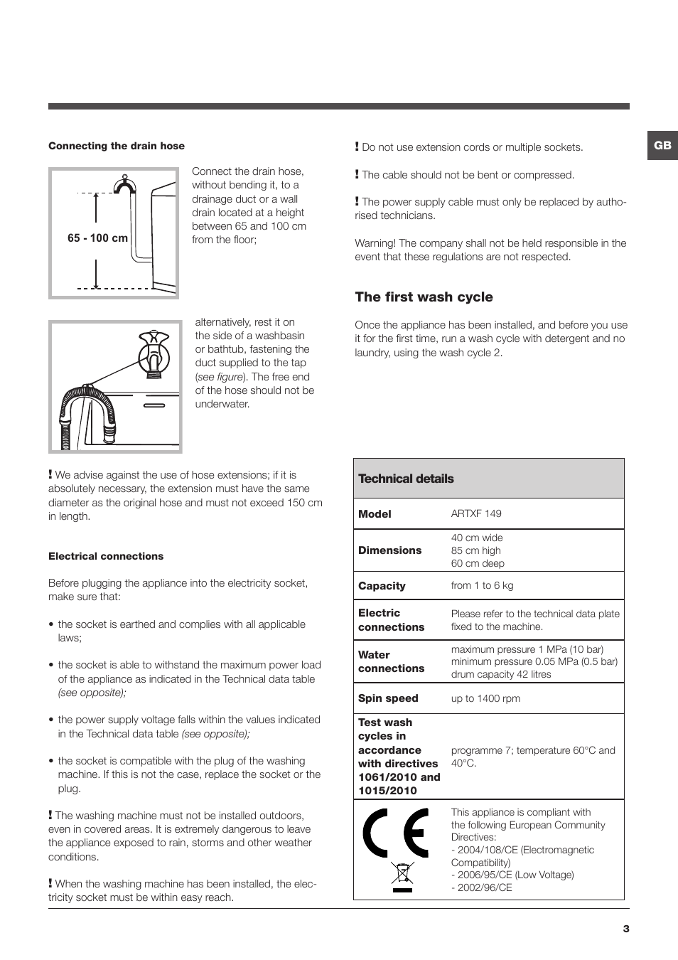 The first wash cycle | Hotpoint Ariston ARTXF 149 User Manual | Page 3 / 60
