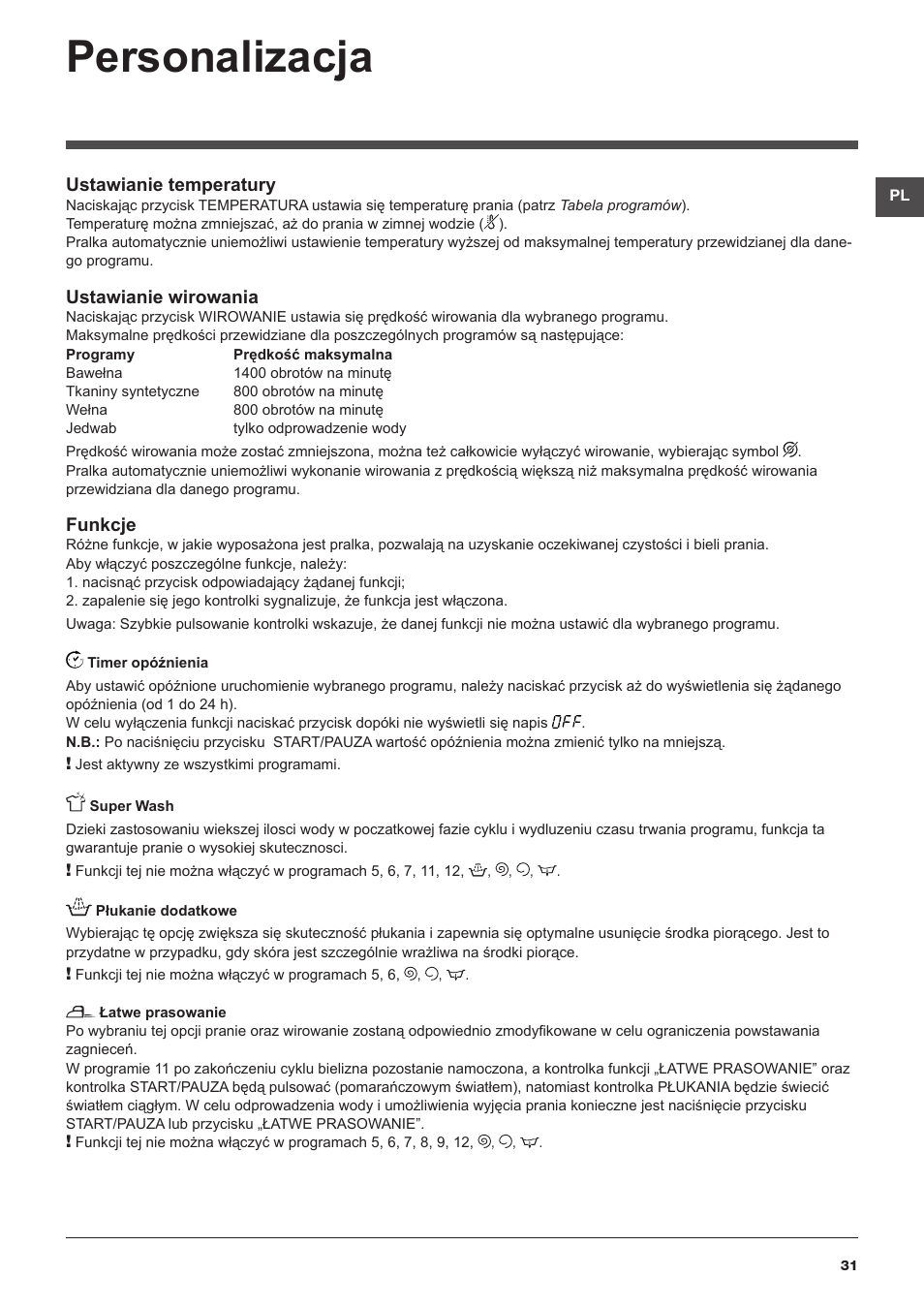 Personalizacja, Ustawianie temperatury, Ustawianie wirowania | Funkcje | Hotpoint Ariston ARTXF 149 User Manual | Page 31 / 60