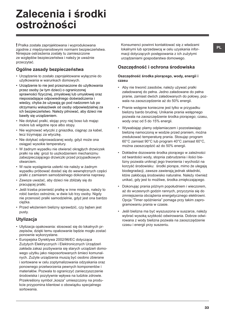 Zalecenia i środki ostrożności | Hotpoint Ariston ARTXF 149 User Manual | Page 33 / 60