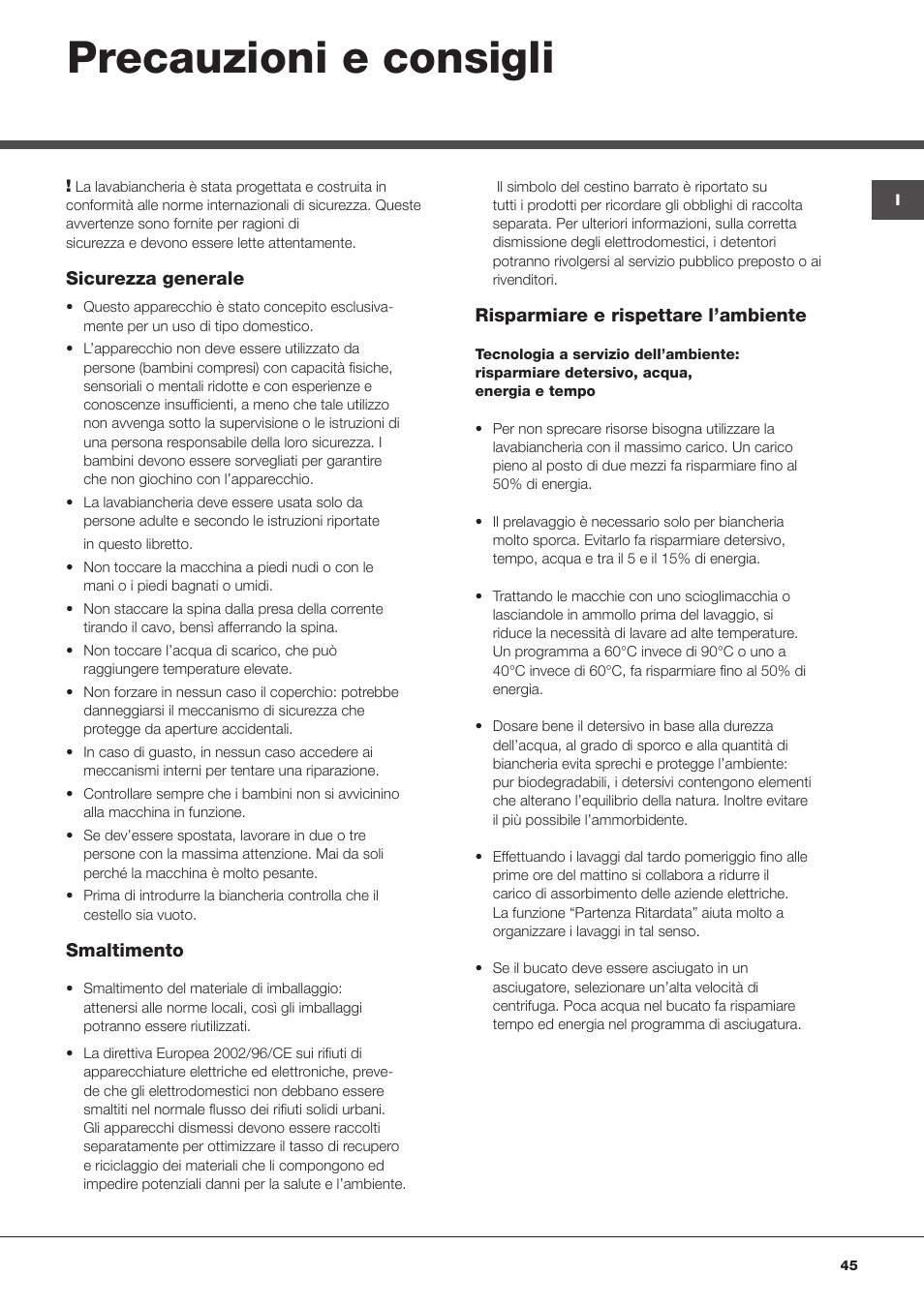 Precauzioni e consigli | Hotpoint Ariston ARTXF 149 User Manual | Page 45 / 60