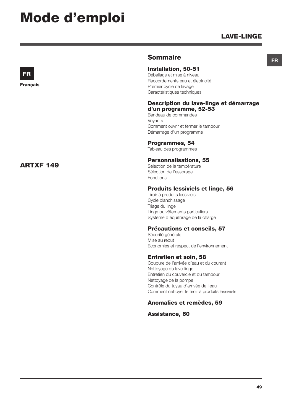 Mode d’emploi | Hotpoint Ariston ARTXF 149 User Manual | Page 49 / 60