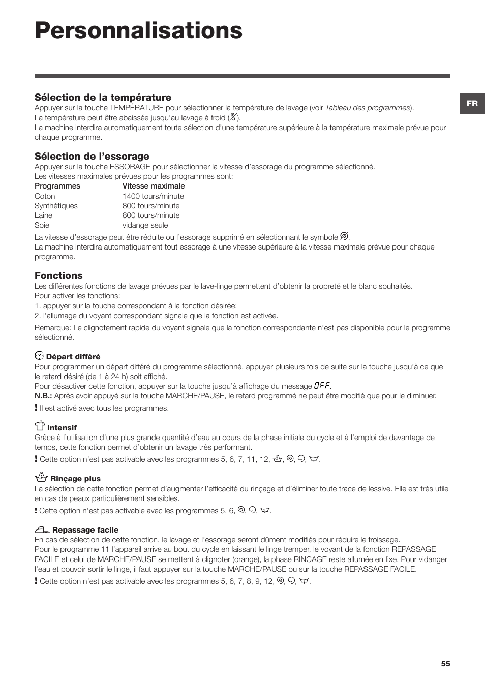 Personnalisations, Sélection de la température, Sélection de l’essorage | Fonctions | Hotpoint Ariston ARTXF 149 User Manual | Page 55 / 60