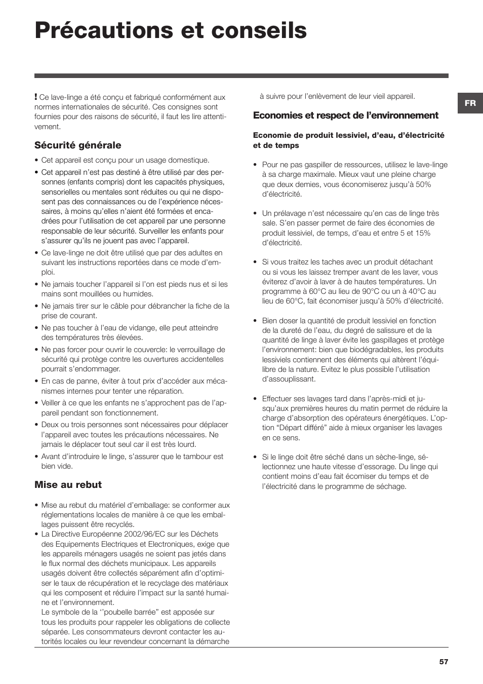 Précautions et conseils | Hotpoint Ariston ARTXF 149 User Manual | Page 57 / 60