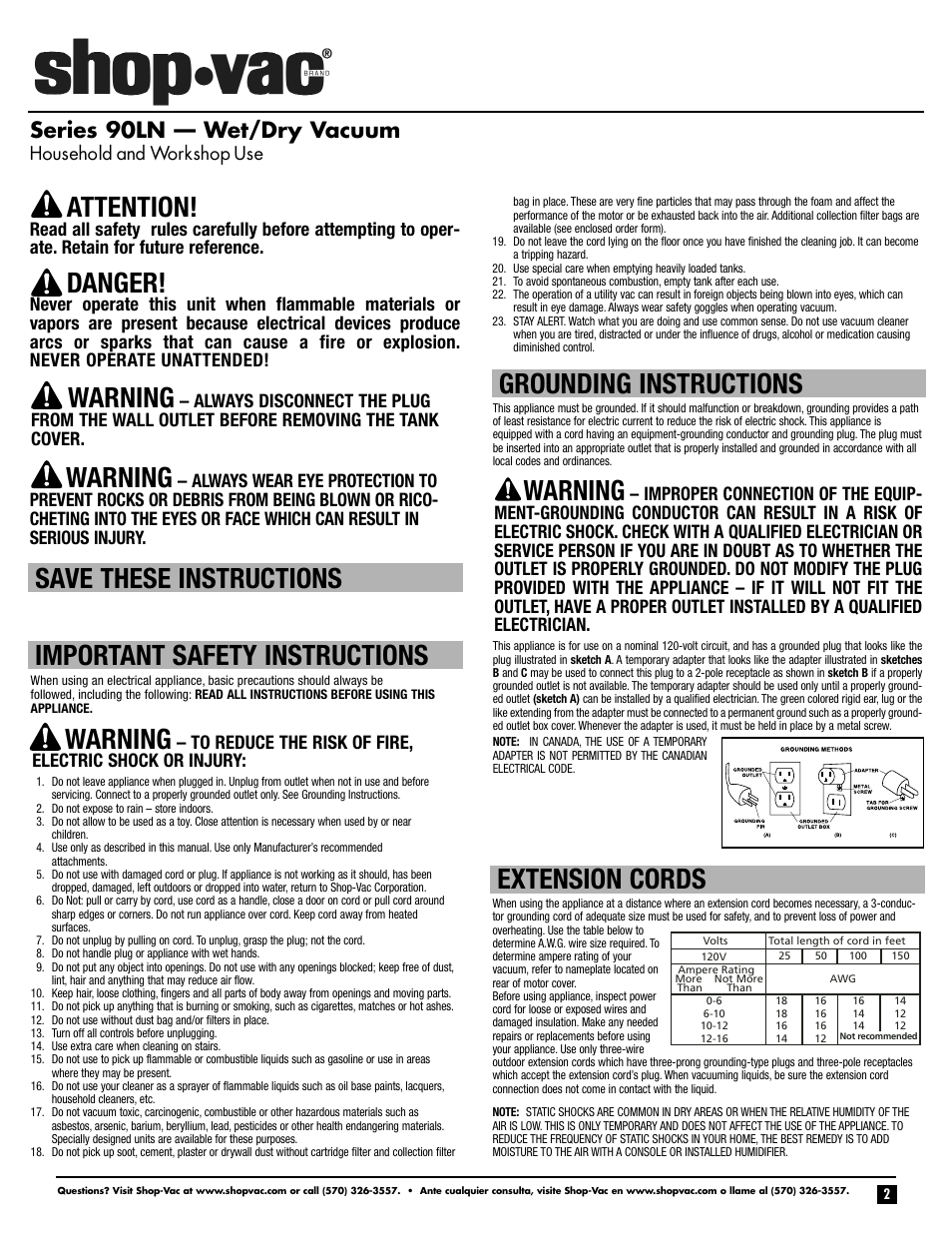 Warning, Danger, Attention | Grounding instructions extension cords, Series 90ln — wet/dry vacuum | Shop-Vac 90LN User Manual | Page 2 / 12
