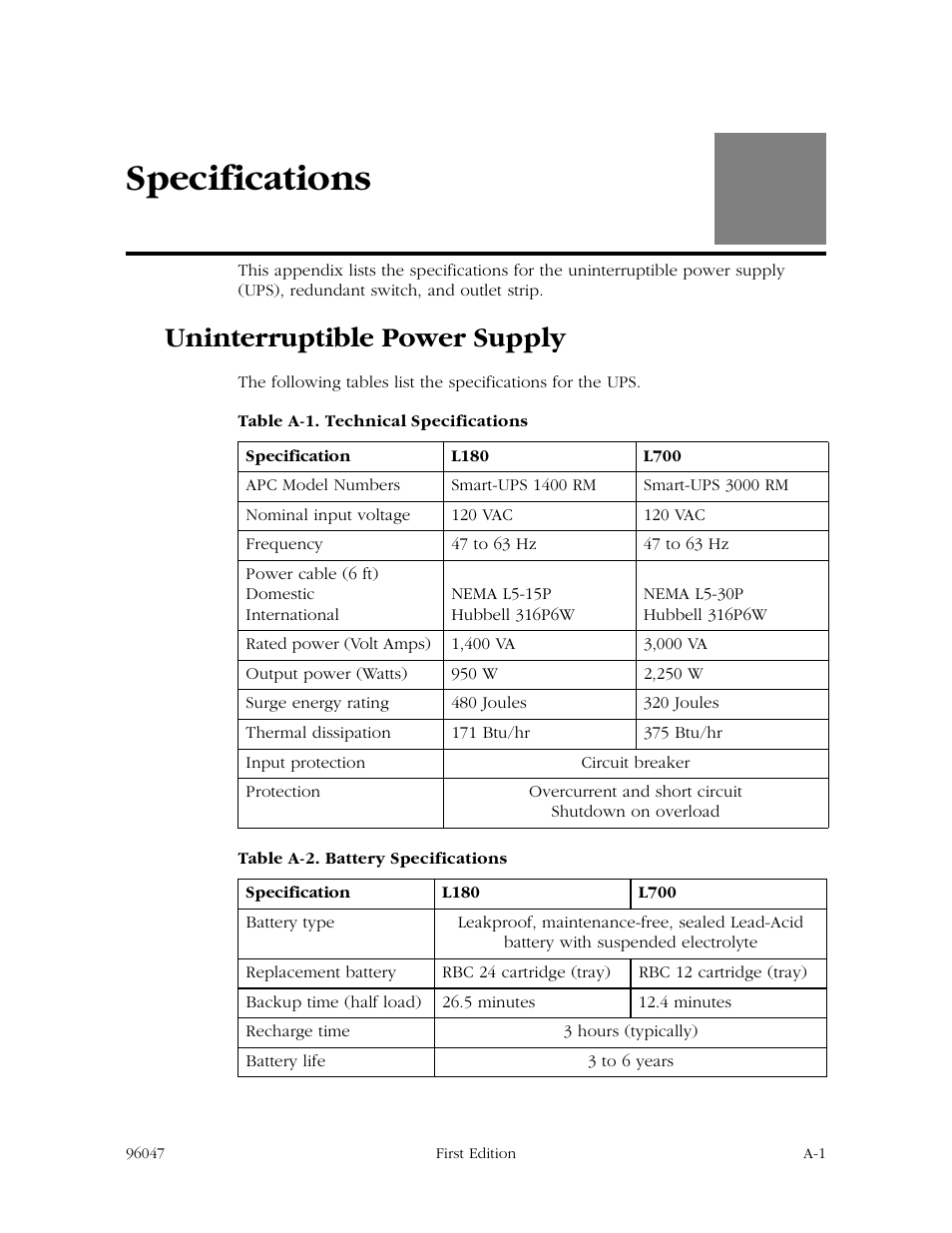 A: specifications, Uninterruptible power supply, Appendix a | Specifications, List | StorageTek L700 User Manual | Page 43 / 56