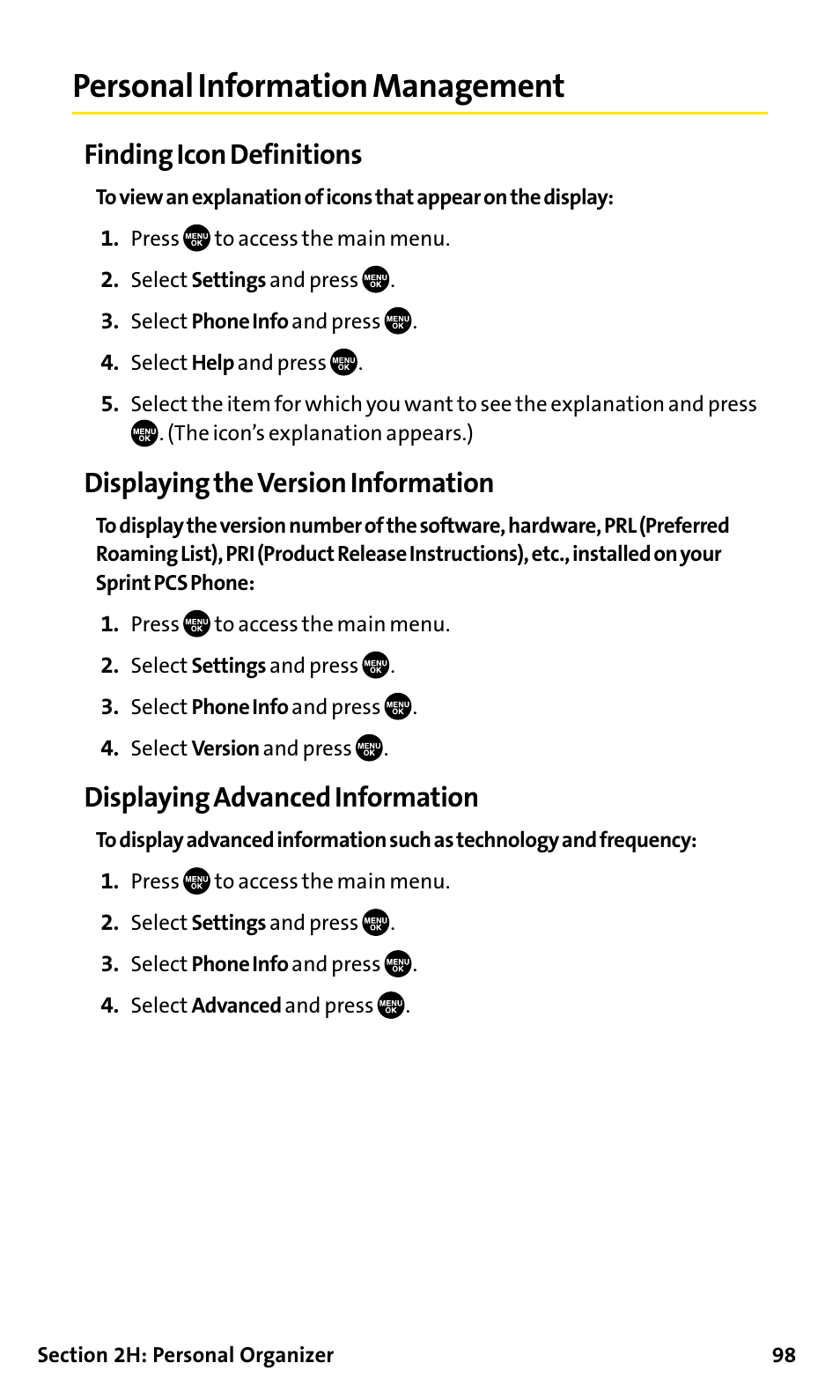 Personal information management, Finding icon definitions, Displaying the version information | Displaying advanced information | Sanyo SCP-200 User Manual | Page 104 / 182