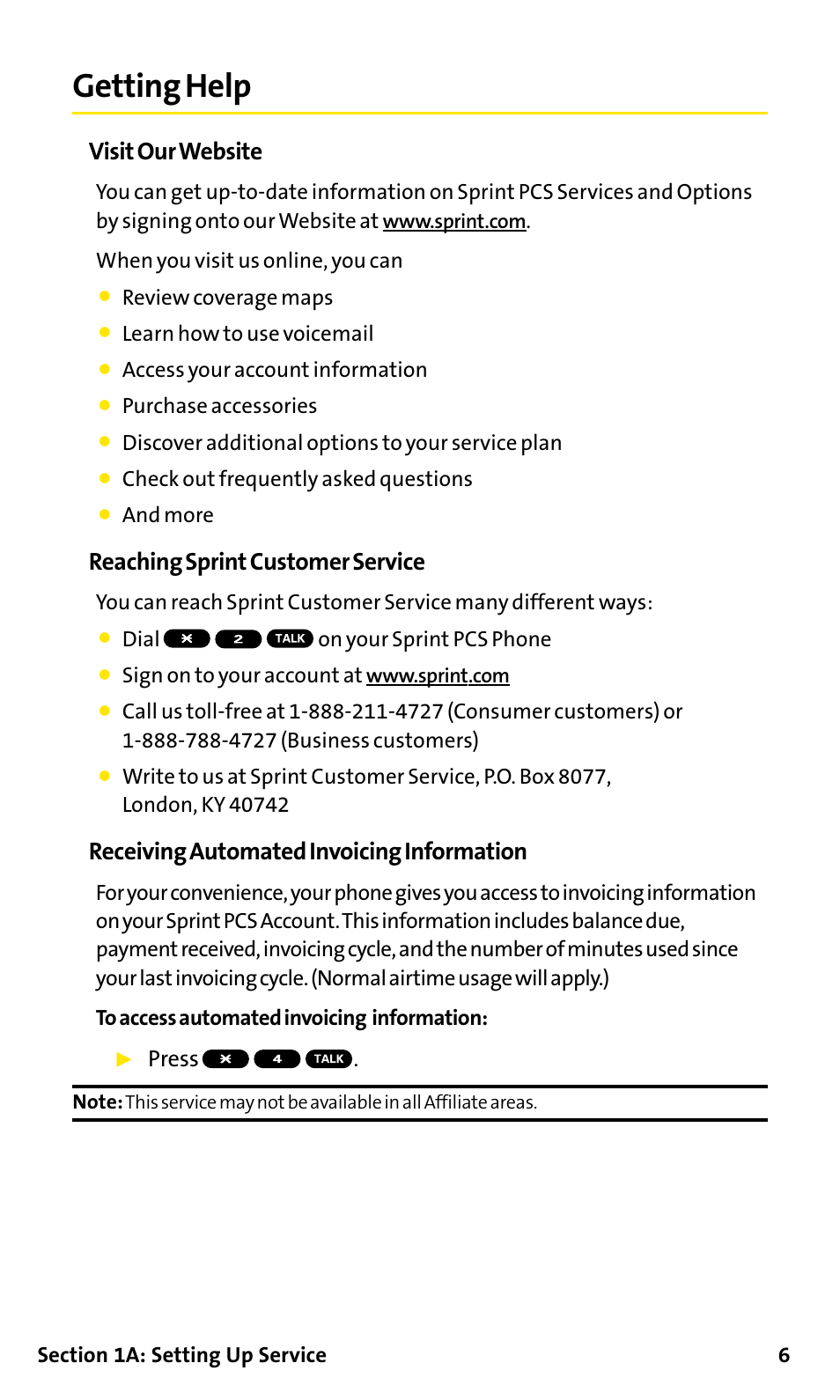 Getting help, Visit our website, Reaching sprint customer service | Receiving automated invoicing information, Press | Sanyo SCP-200 User Manual | Page 12 / 182