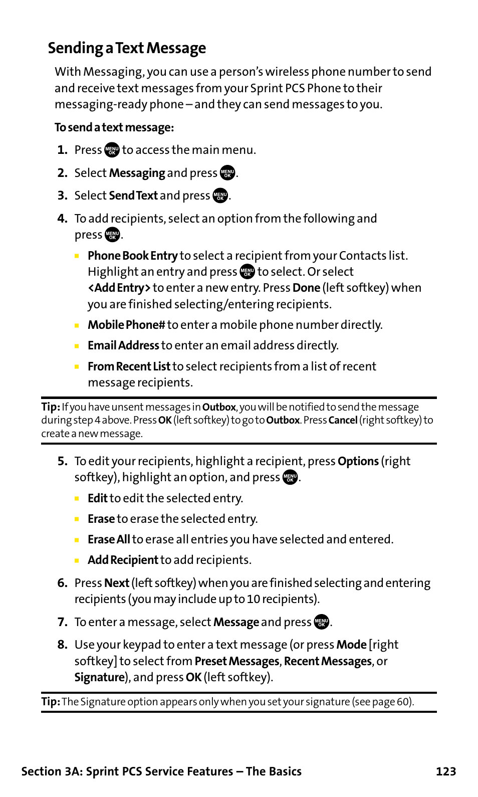 123 f, Sending a text message | Sanyo SCP-200 User Manual | Page 129 / 182