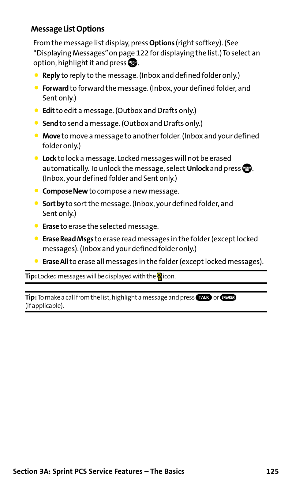 Message list options, Edit to edit a message. (outbox and drafts only.), Send to send a message. (outbox and drafts only.) | Compose new to compose a new message, Erase to erase the selected message | Sanyo SCP-200 User Manual | Page 131 / 182