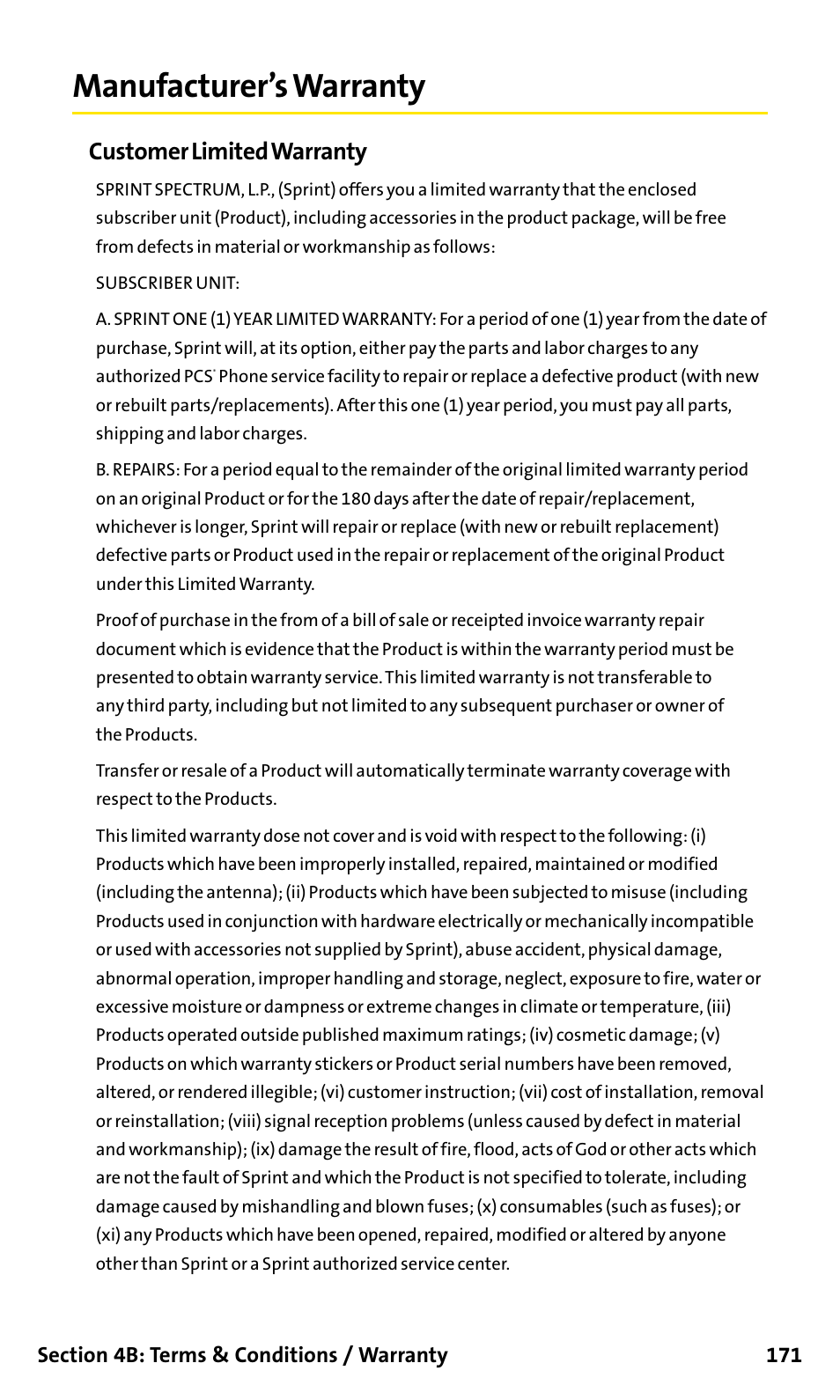 Manufacturer’s warranty, Customer limited warranty | Sanyo SCP-200 User Manual | Page 177 / 182