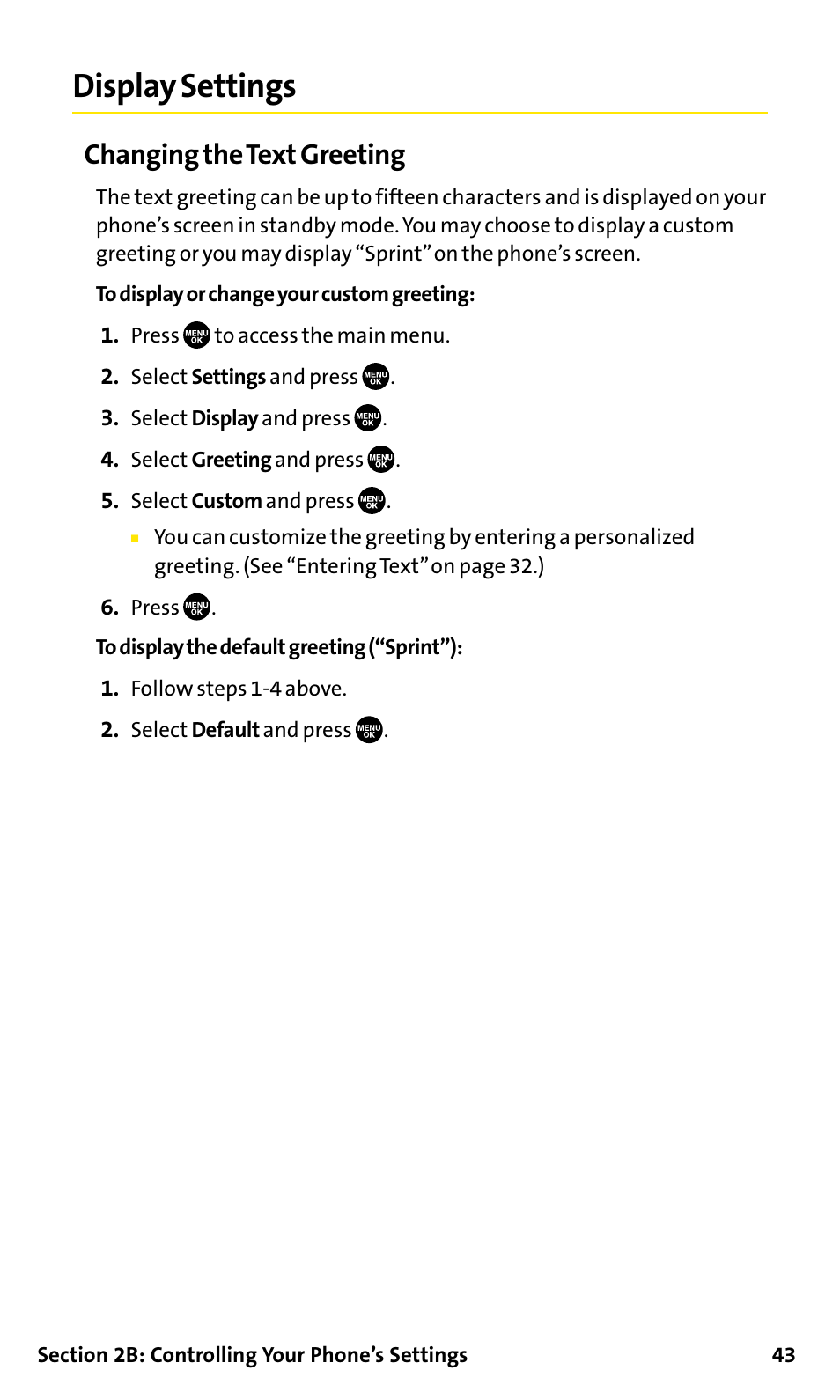 Display settings, Changing the text greeting | Sanyo SCP-200 User Manual | Page 49 / 182