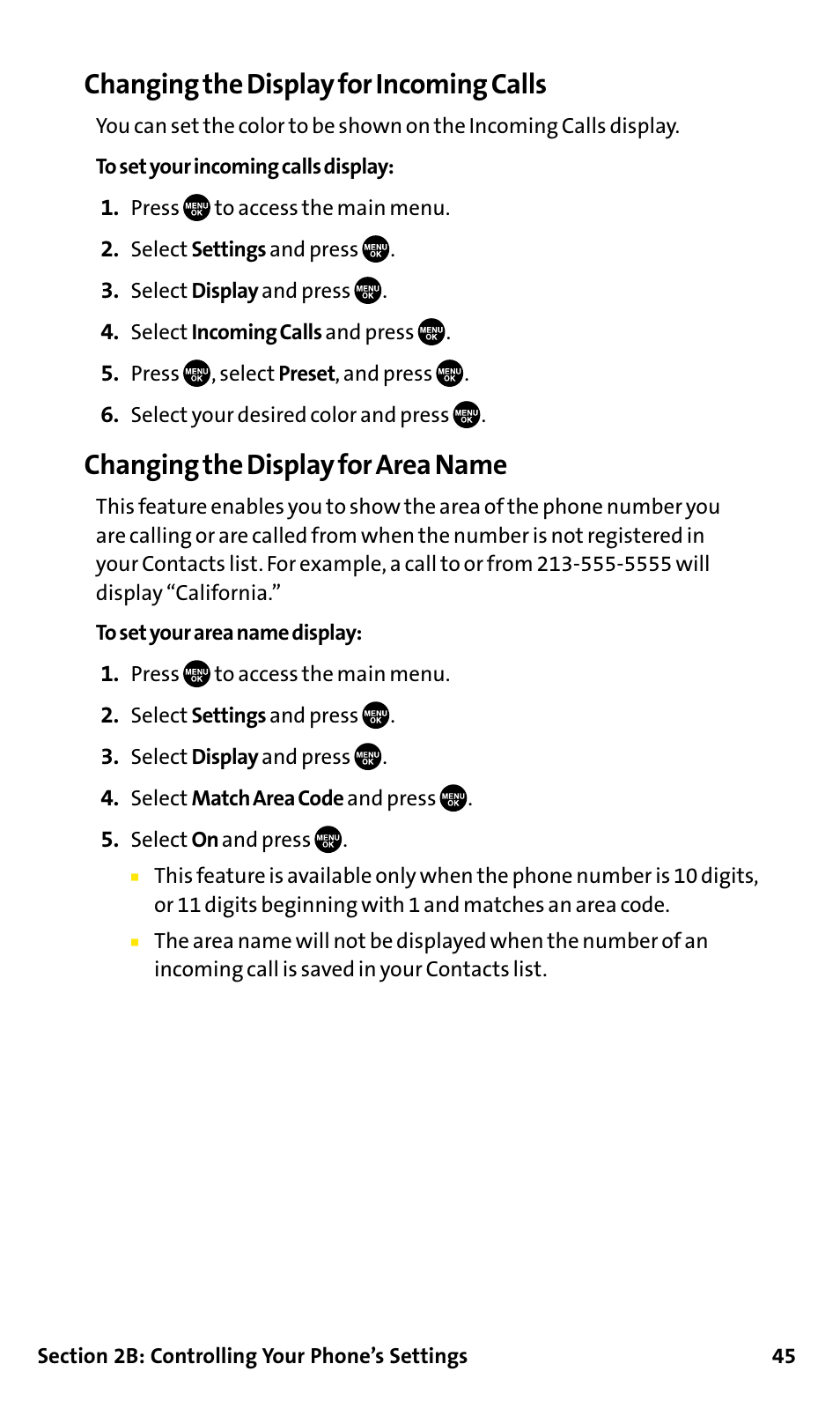 Changing the display for incoming calls, Changing the display for area name | Sanyo SCP-200 User Manual | Page 51 / 182
